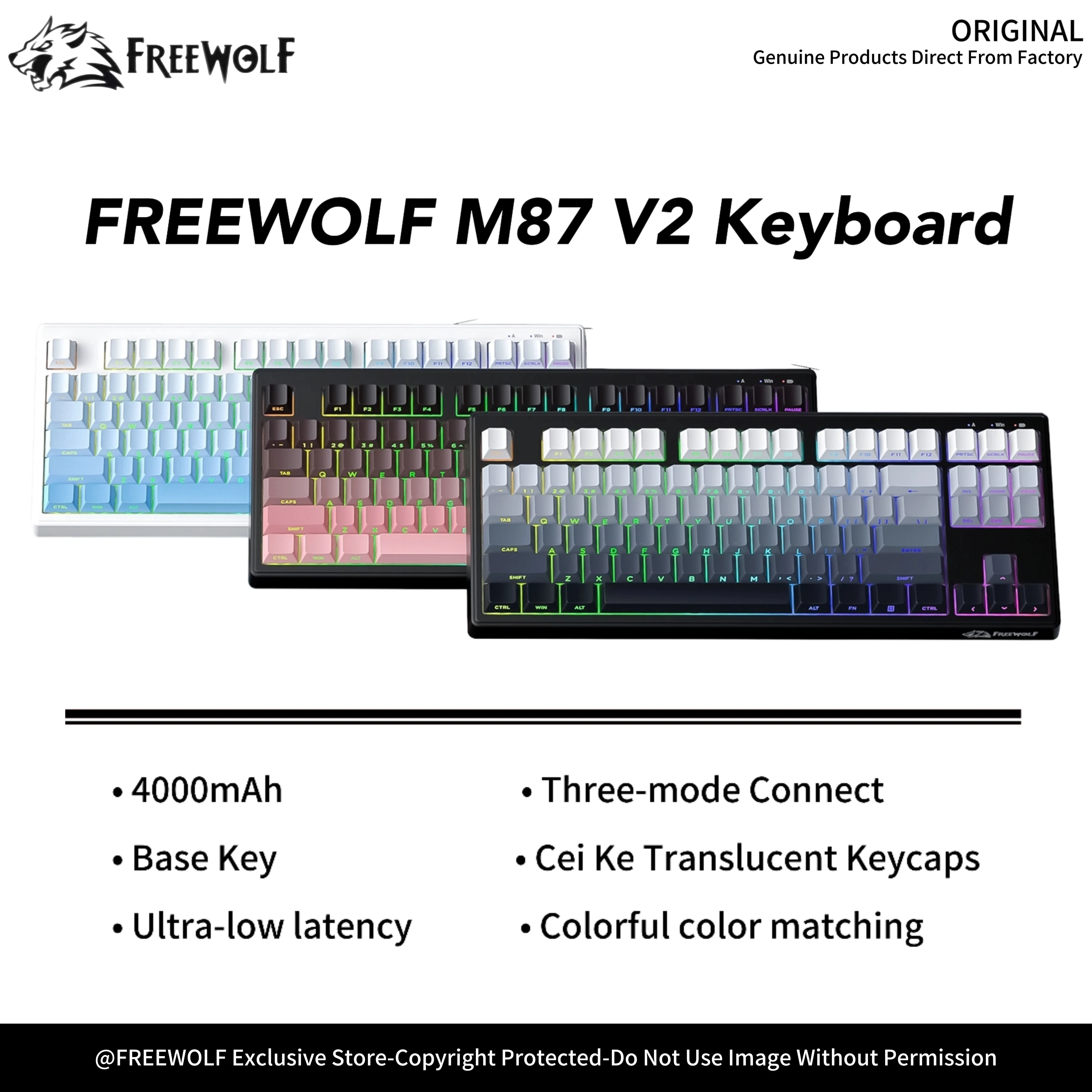 

FREEWOLF M87V2 Gaming Keyboard,Low-pitched Key Transparent Keycap,Tri-mode RGB,4000mAh Battery,Long-lasting Battery Life