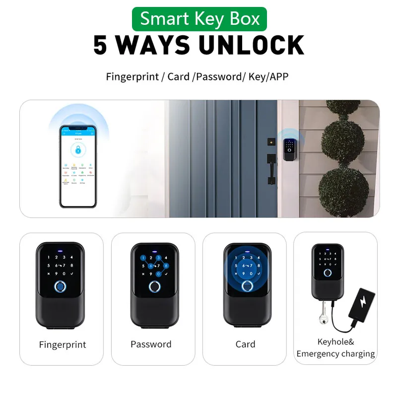 Smart Key Box IP65 Waterproof Bluetooth Wireless Lock Box Fingerprint/ Password/ Card/  Key/ App Unlock Electronic Key Box