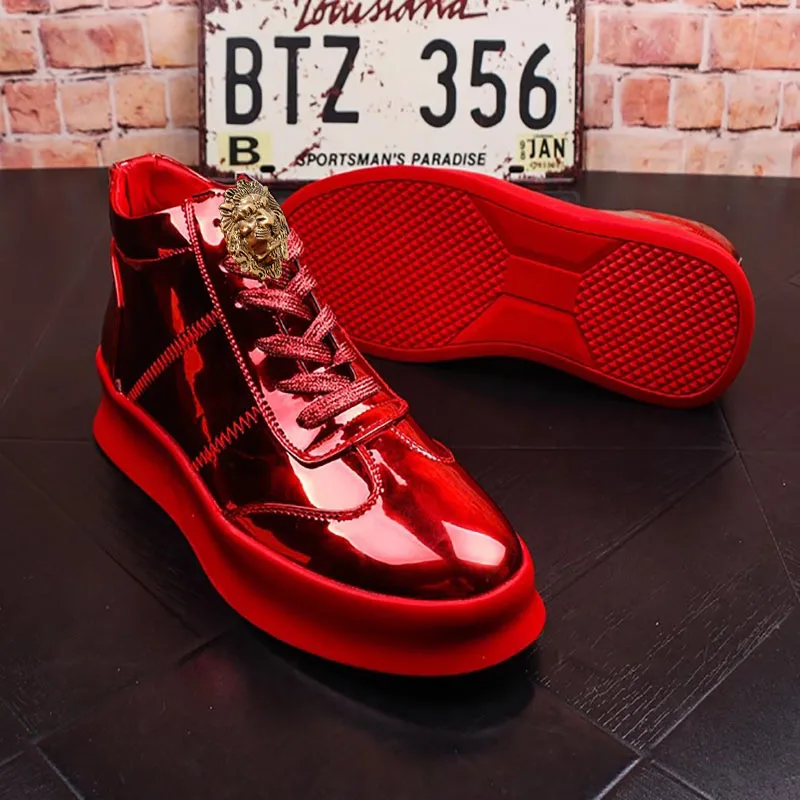 

High-top red casual men's shoes bright skin high-top canvas boots for men versatile mid-calf short boots 6