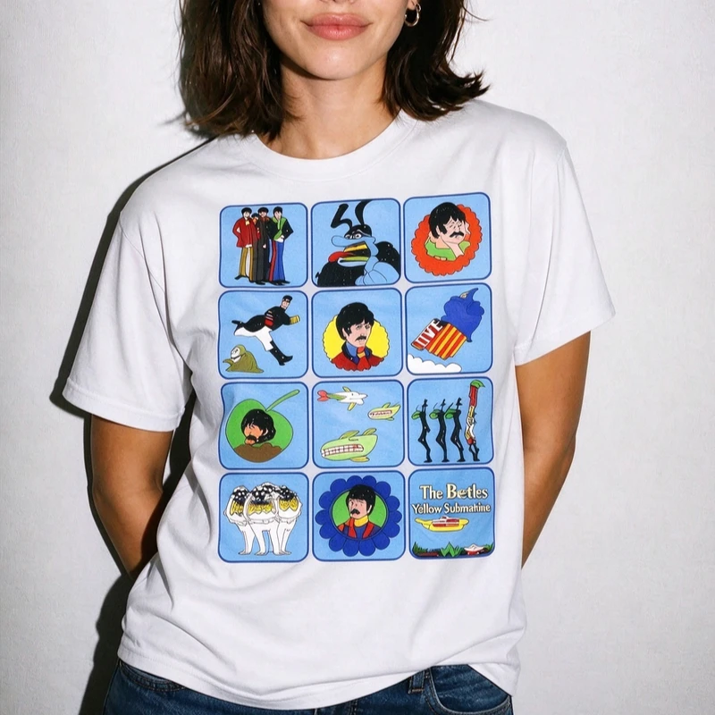 The Beatles Yellow Submarine Grid Collage T Shirt Unisex Cotton Graphic Tee Men Women Vintage Rock Music Short Sleeve Tops