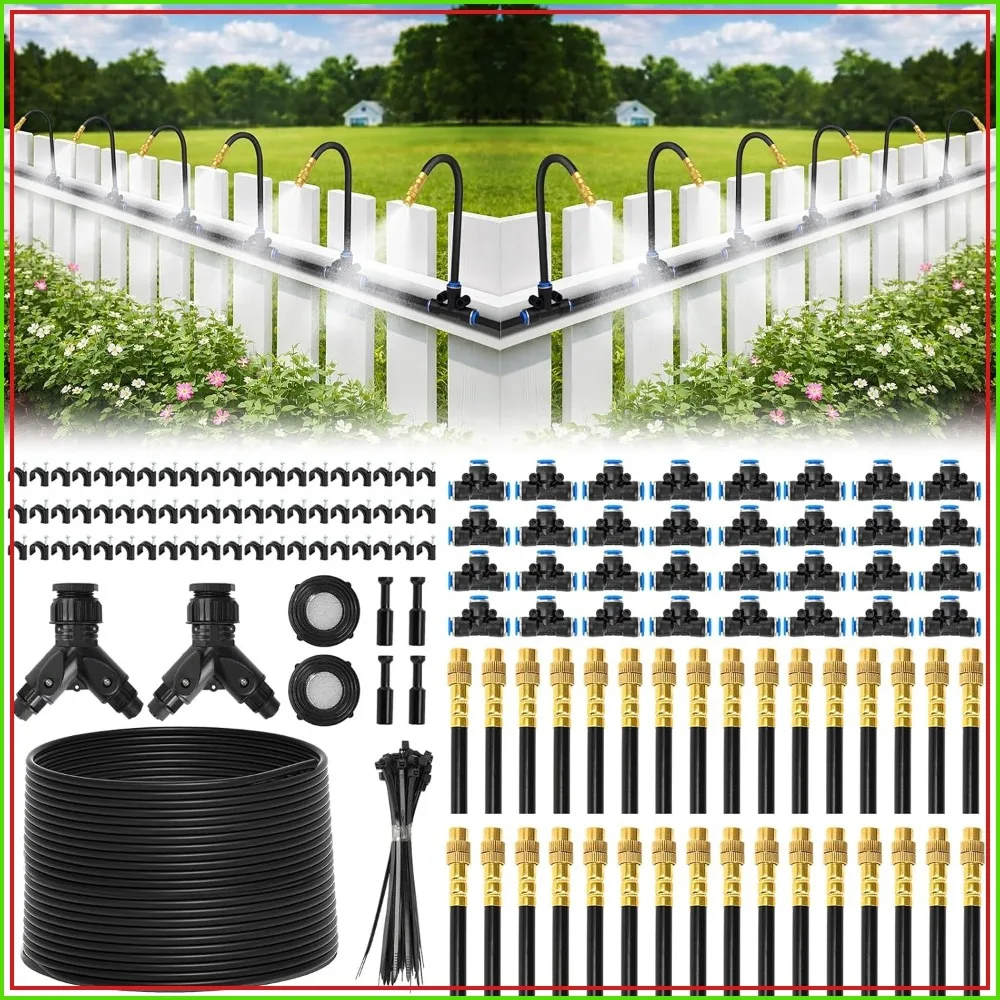 

2026-Upgrade Drip Irrigation System 200FT 1/4" with 32PCS 360° Adjustable Copper Nozzles, Automatic Misting Kit for Garden, Greenhouse, Raised Beds, Lawn