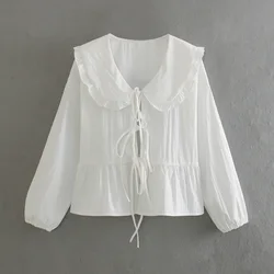 ASDS 2024 Elegant Women Blouse Long Sleeve White Woman Blouse Pleated Tied Blue Crop Top Spring Ruffle Collar Women's Blouses