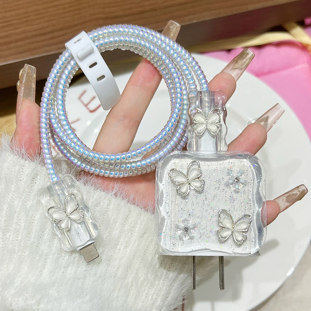 Butterfly Flower Glitter Soft Case for iPhone 20W Fast Charging Transparent  USB Data Cable Protective Case Winder Organizer