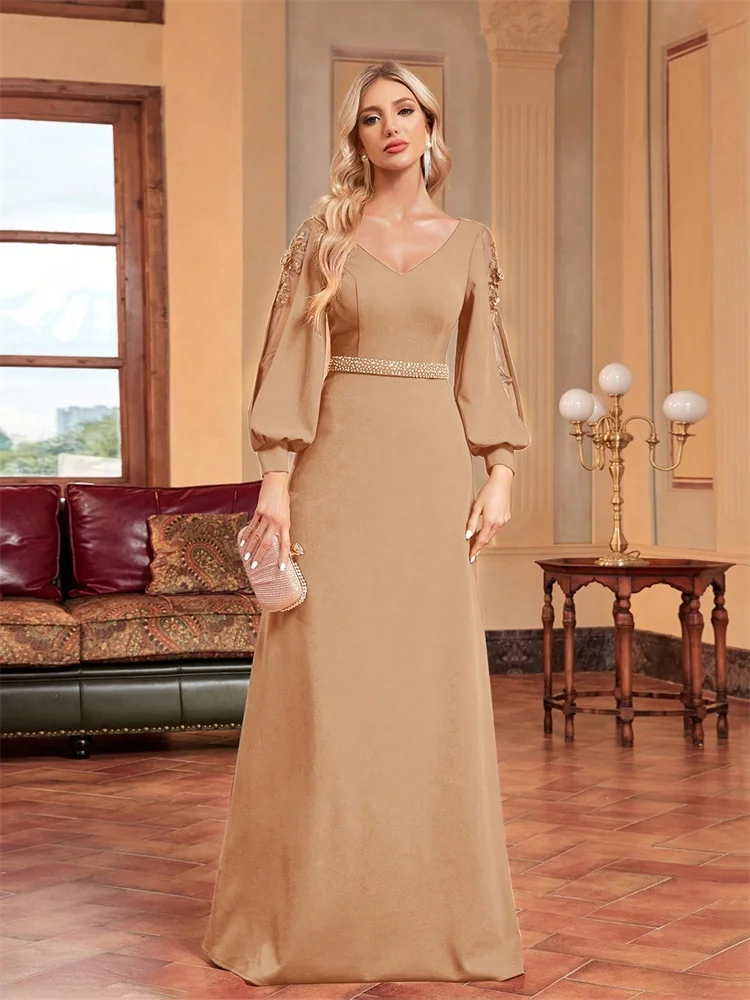 

Luxury Gold Empty Long Sleeves Applique Floor Length Evening Dresses Women Elegant Weedding Party V-neck Cocktail Gowns