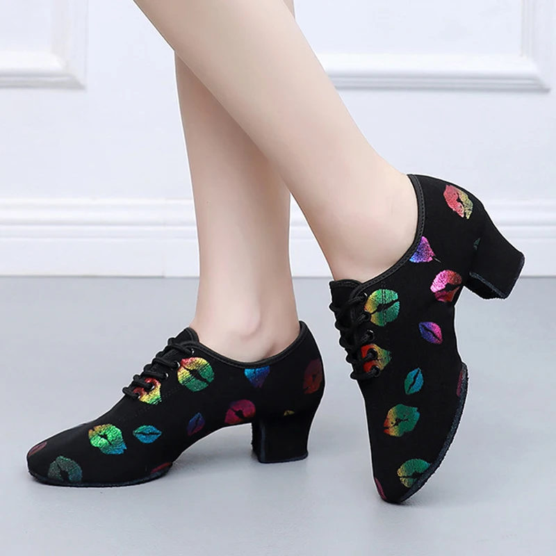 Women's dance high heels sneakers women's banquet hall 3/5 cm Latin dance shoes women toe dance shoes women's lips prints