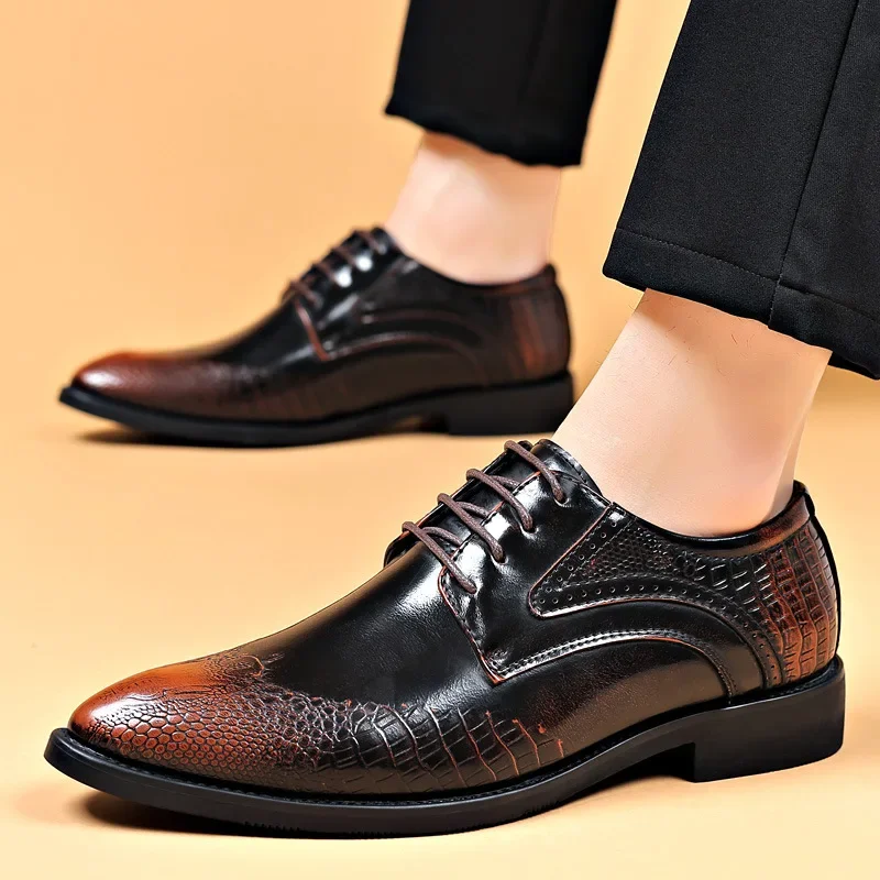 Crocodile Pattern Dress Shoes Men Sharp Elegant Men's Formal Big Size Business Partywear Casual Man Shoes Pointed Toe Shoe