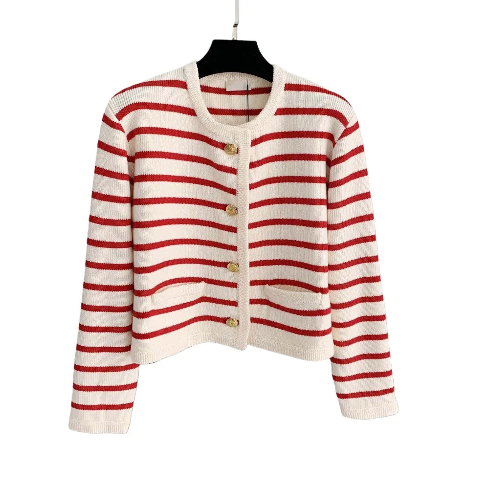 

Long Sleeve Striped Cardigan Shirt Sweaters Preppy Style Single Breasted Crochet Sweaters Front Button Ladies Short Tops