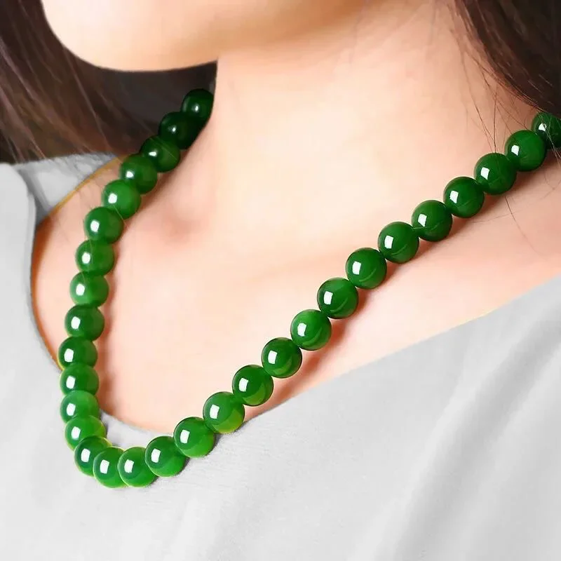 White Jade 8-10mm Beaded Necklace Green Beads Natural Fashion Gemstone Jewelry Charm Gift Chalcedony Amulet Women