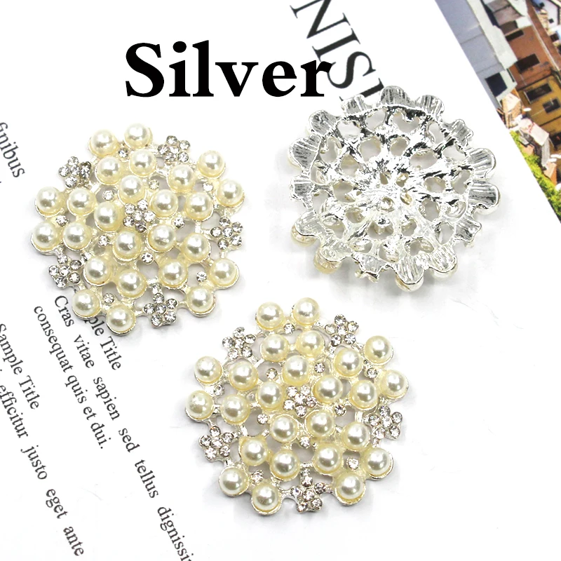 Flat Back Alloy Rhinestone Button ,Pearl Button, Decoration for Wedding, New, 3cm, 5Pc Lot