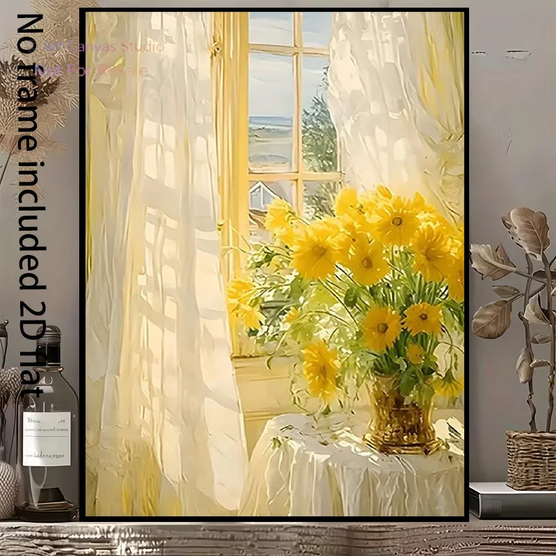 2D Flat, 1pc Vertical Frameless Canvas Wall Art - Sunlight Yellow Flowers & Serene Seascape Suitable for /, Modern Minimalist
