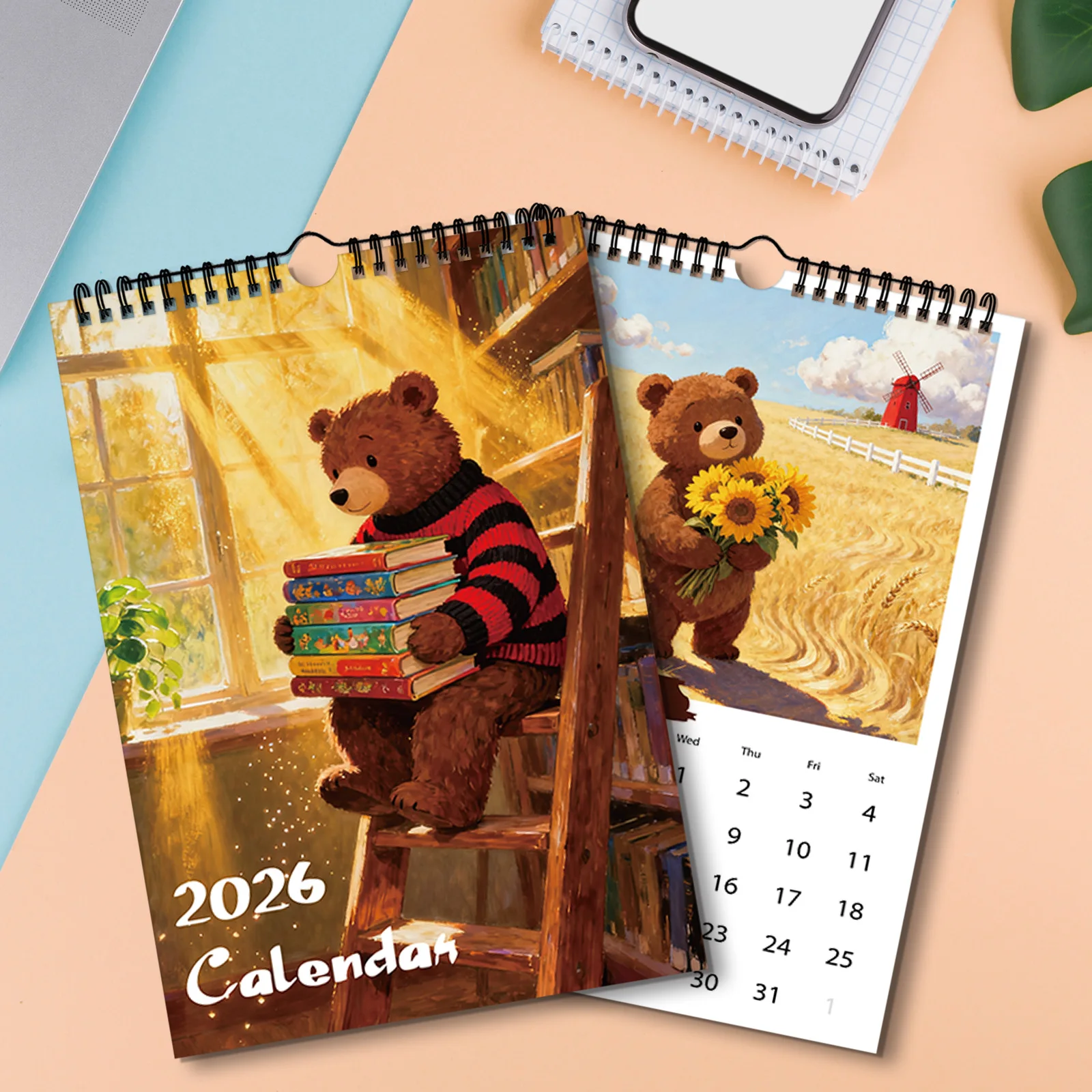 1 قطعة 2026 تقويم حائط شهري على شكل دب مضحك ، مقاس A4 ، مع 12 أنماط رائعة ، مخطط ديكور ، هدية مثالية لعيد الميلاد والعام الجديد