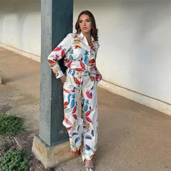 PB&ZA 2024 Spring New Women's Fashion and Casual Versatile Print Shirt High Waist Loose Wide Leg Pants Set