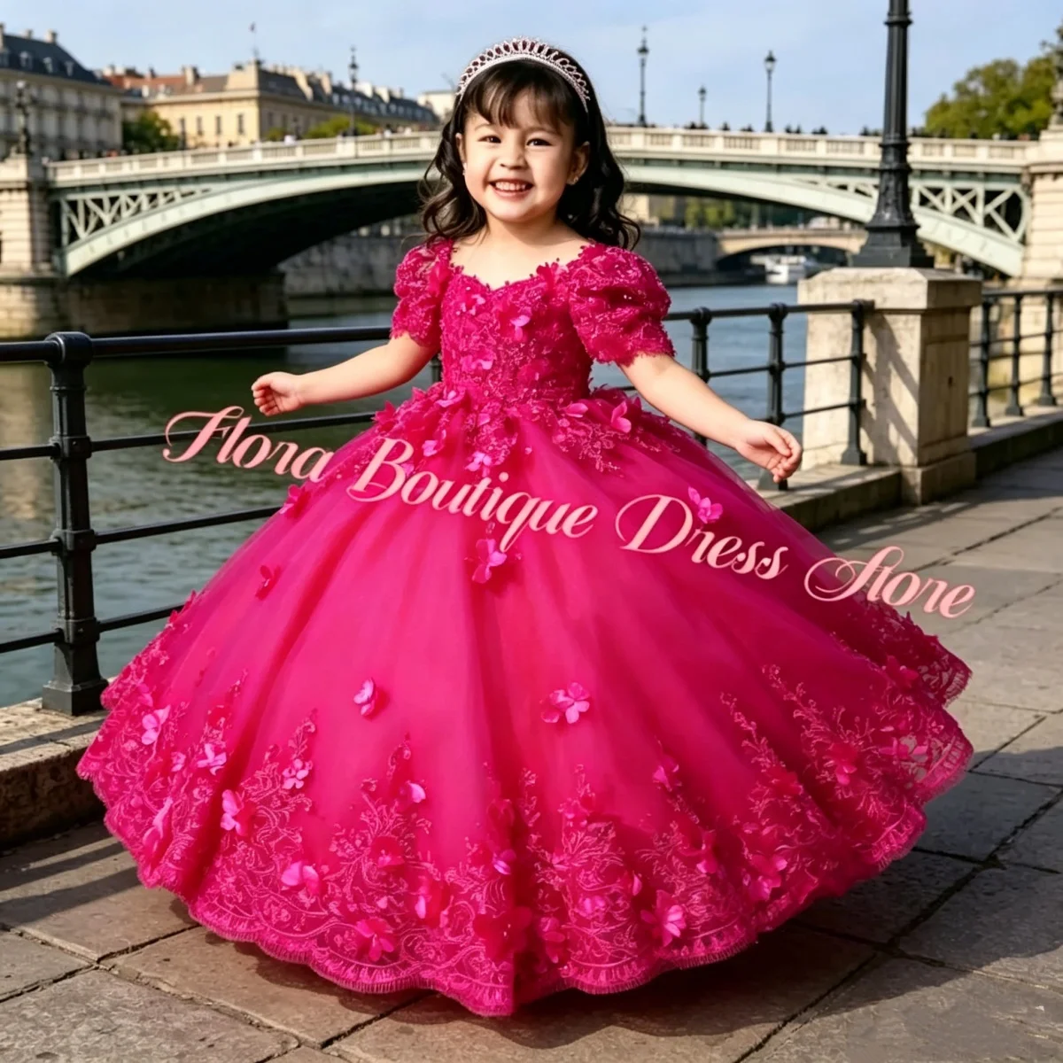 Custom Pink Luxury Flower Girl Dress Puffy Tulle Lace Appliques Long Train Children's Wedding Birthday Party Evening Dress