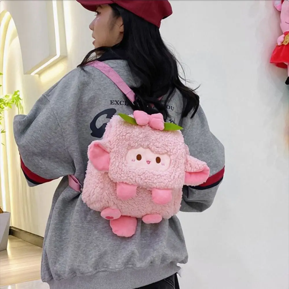 Casual Fluffy Cute Sheep Bag Bow Heart Plush Sheep Backpack Creative Animal Students