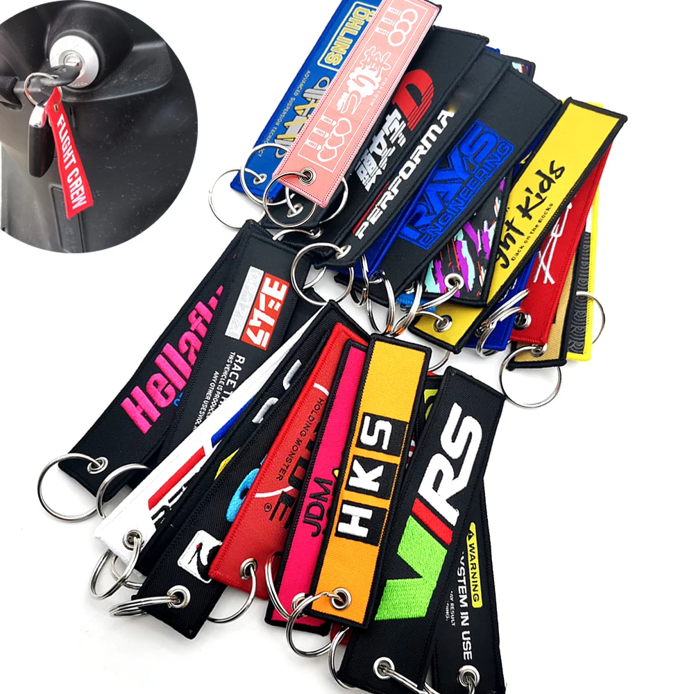 JDM Keychain Embroidered Woven Personality Fashion Cloth HKS Key Chain Car Motorcycle Double Logo Key Rings Key Holder Pendant