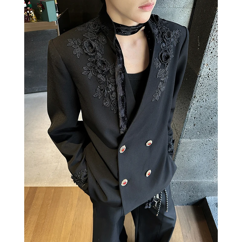 

2025 Spring Summer Rose Lace Tie Suit Jacket Men Rhinestone Double-breasted Blazers Loose Stand Collar High Street Social Coats