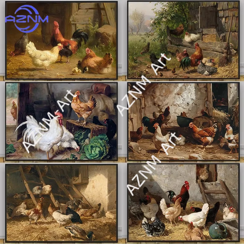 1 Stück Vintage Kunstposter mit lebhaften und niedlichen Bauernhof-Tieren (Huhn, Ente), Leinwanddruck, ländliche Bauernhaus-Wanddekoration für Zuhause
