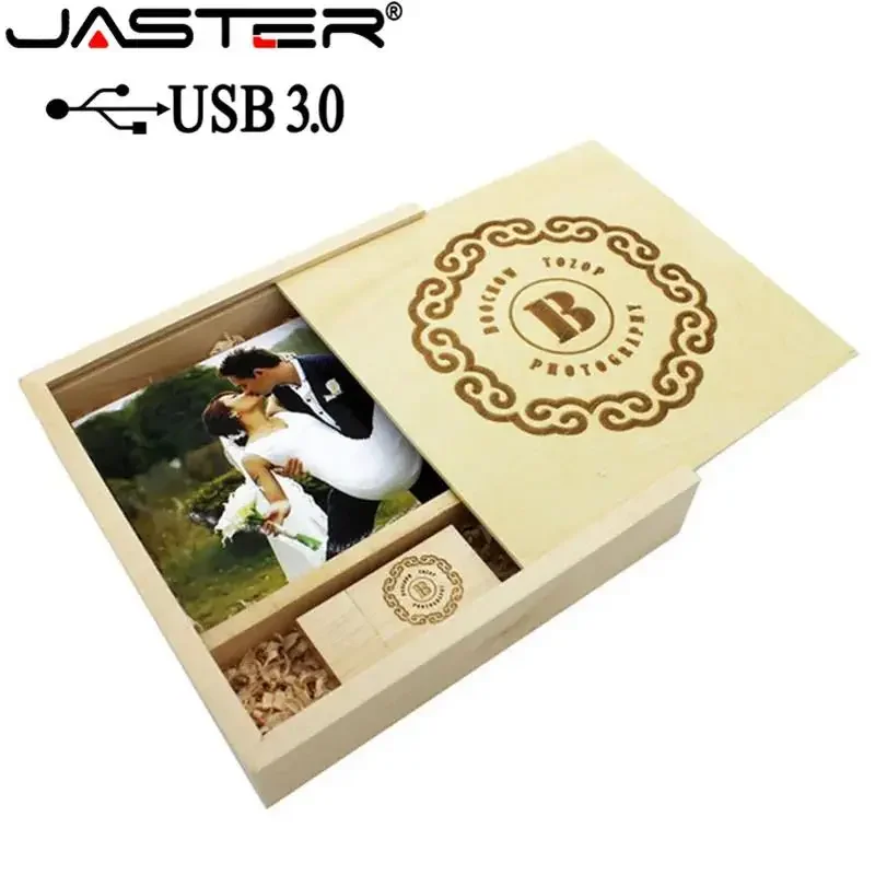 JASTER USB 3.0 Fotografi Kayu Album Foto Usb + Kotak Hadiah Usb Flash Drive Flashdisk 16GB 32GB 64GB Pernikahan Hadiah 1PCS Free Logo