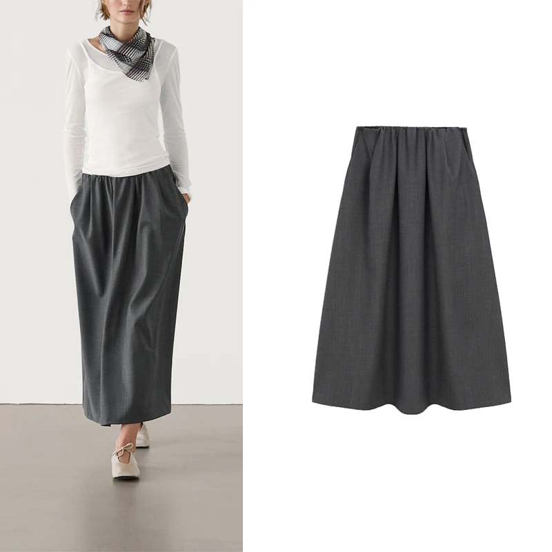 

Юбка-трапеция миди, женская модная эластичная талия, свободная посадка, универсальная повседневная одежда, осень 2024, полиэфирное волокно 00%