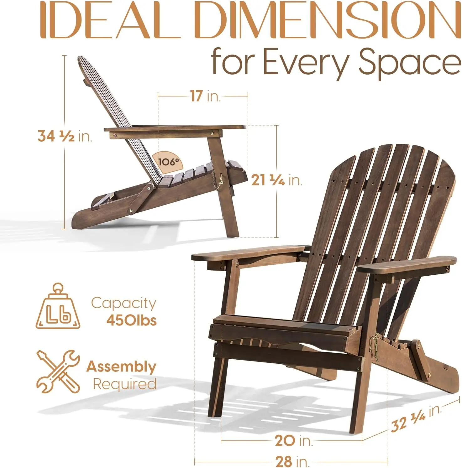 Outdoor Wooden Folding Adirondack Chair Set of 2 with Pre-Assembled BackRest, Wood Patio Chair for Garden Backyard