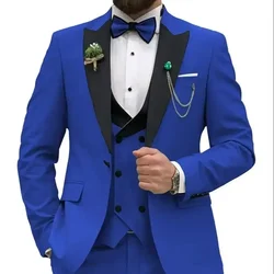 Slim Fit 3 Piece Royal blue Men Suits grey Double Breasted vest Mens Wedding Prom costume homme Business suit Blazer+Vest+Pants
