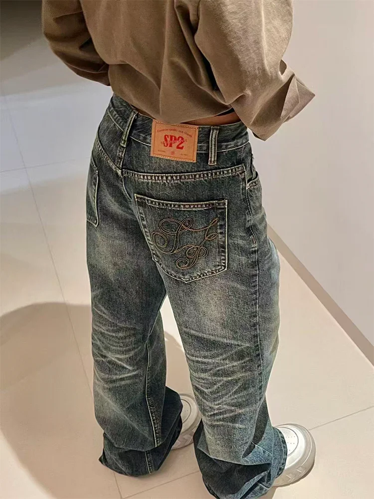 

Large Size American Design Texture Washed Jeans Women's Autumn Winter Loose Casual Floor-Length Pants with Pockets