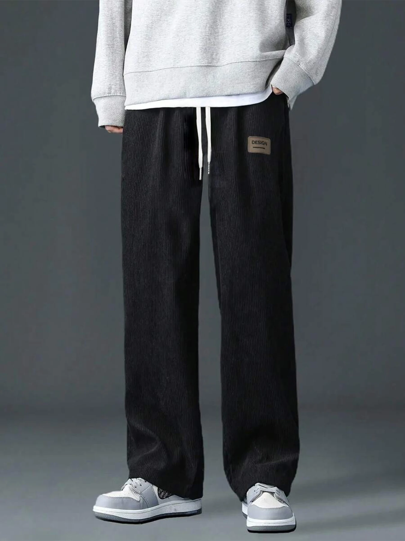 

Men's spring and autumn corduroy sports pants with drawstring straight leg loose fit, casual pants suitable for daily wear