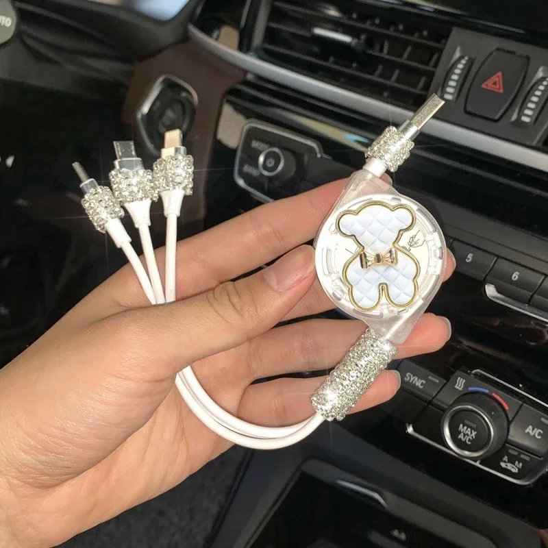 Rhinestone Crystal Retractable 3 in1 Fast Charge Data Cable Car Fast Charge Line Type-C for iphone Android Dual USB Car Charger