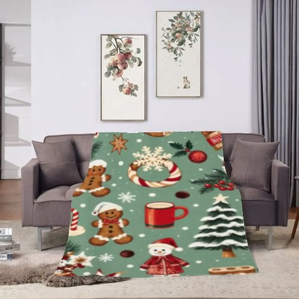 

Festive Christmas Gingerbread Men and Snowman Pattern Blanket - Cozy Lightweight Throw Featuring Holiday Elements Like Hot Choco