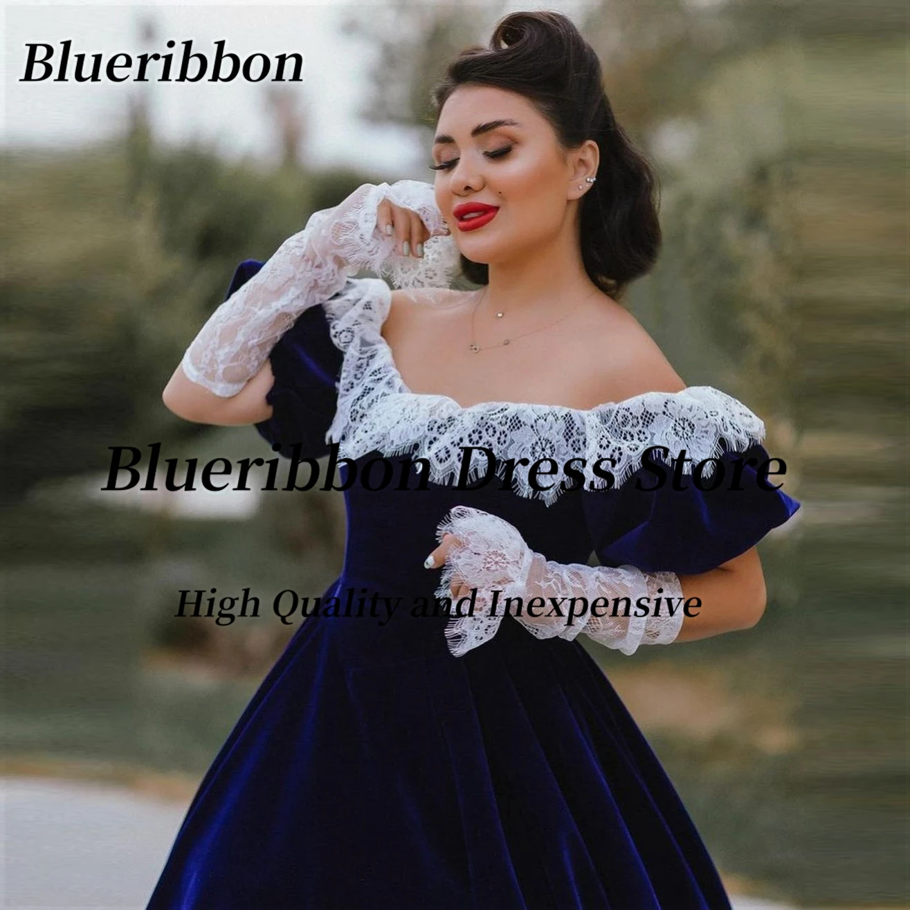 Blueribbon-فساتين الحفلات الراقصة ذات اللون الأزرق الملكي ، ملابس نسائية أنيقة ، دانتيل أبيض ، رقبة كرة ، حفلة سهرة ، العروس ، الزفاف ، فساتين خاصة