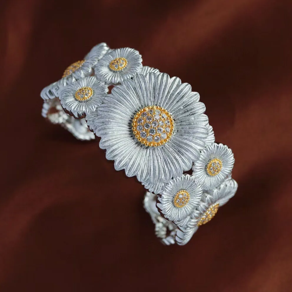 Wide Version Two-Color Gold Small Daisy Silver Bracelet with Diamonds Bracelet Women