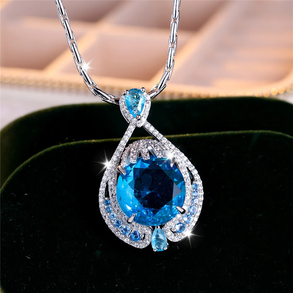 Luxuriöse, blaue, runde Zirkon-Anhänger-Halskette für Damen, silberfarben, zarte Geschenke, Hochzeitsschmuck für Frauen – Detail 4