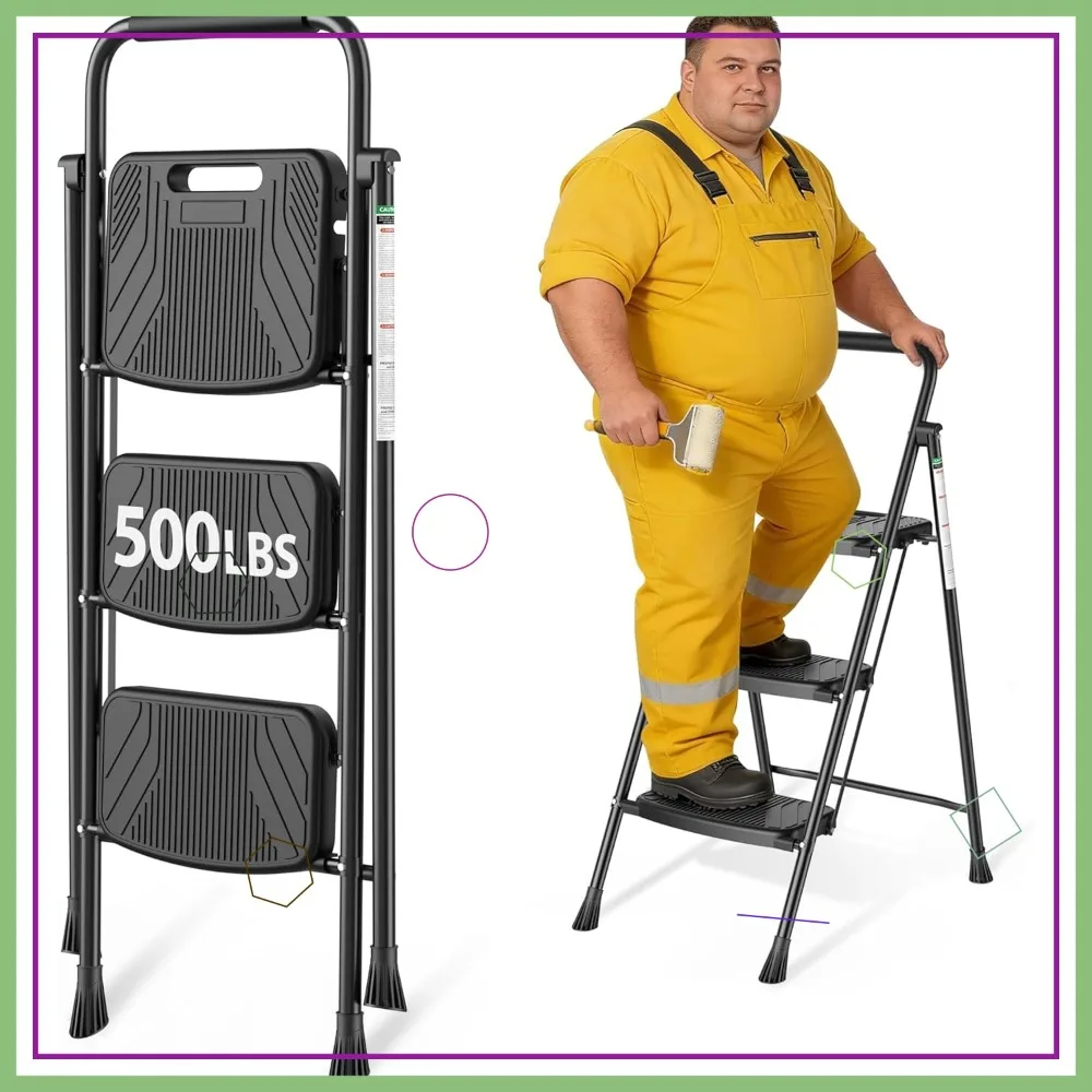 

3 Step Folding Ladder with Anti-Slip Pedal, Handrail & Safe-Lock, Lightweight Steel Stool for Home, Black