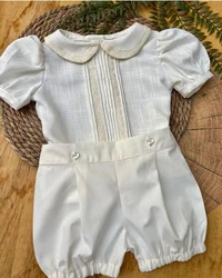 Baby Boy Set Summer White Cotton Fabric Beige Lace Short Sleeve Vintage Suit for Eid Causal Party Photograh B135