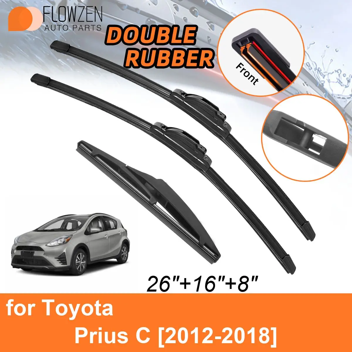 Double Rubber Car Wiper Blades for Toyota Prius C 2012-2018 Front Rear Blades Accessories 2012 2013 2014 2015 2016 2017 2018