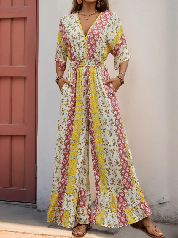 High Waist Printed V Neck Jumpsuit Women's Long Pants Street Style Polyester Straight Leg Summer Fashion Chinese Production