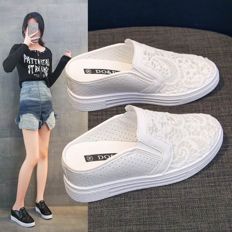 Embroider Flower Slippers Women Creepers Outside Air Mesh Mules Shoes Platform Sandals Breathable Closed Toe Slides Flip Flops