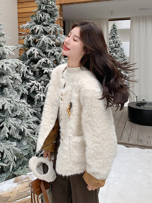 

New Chinese Sle Double-Sided Wear Lamb Fur Jaet Women's ort Thiened Autumn Winter Inteated Leather Fur Cotton Coat