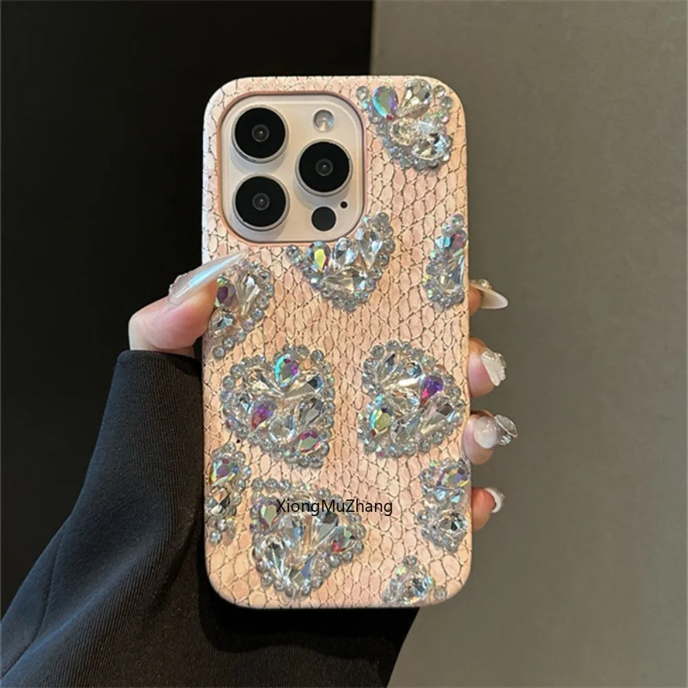 

Pink Snake Pattern Heart-shaped Pile Diamond Custom Girl Cover for IPhone 15 14 Pro Max 13 12 11 Pro Max XR XS Max