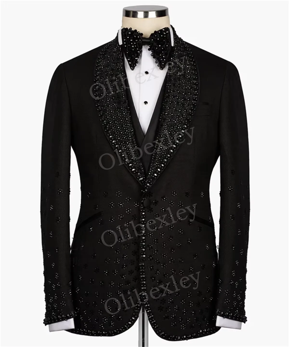 

Men Black Dress Suits 2 Piece Regular Fit High Quality Customized Tuxedo Beaded Crystals Wedding Groom Business Prom