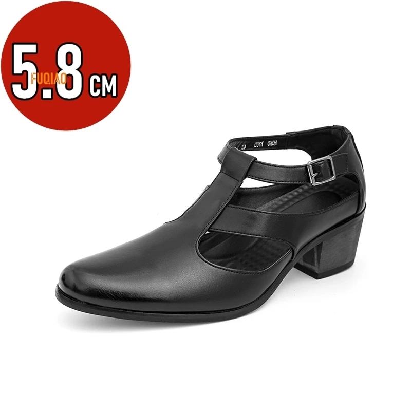 

Мужские деловые кожаные сандалии, увеличивающие рост, туфли на высоком каблуке 5,8 см для свадебной вечеринки, туфли с острым носком, мужские дышащие лоферы с открытым носком