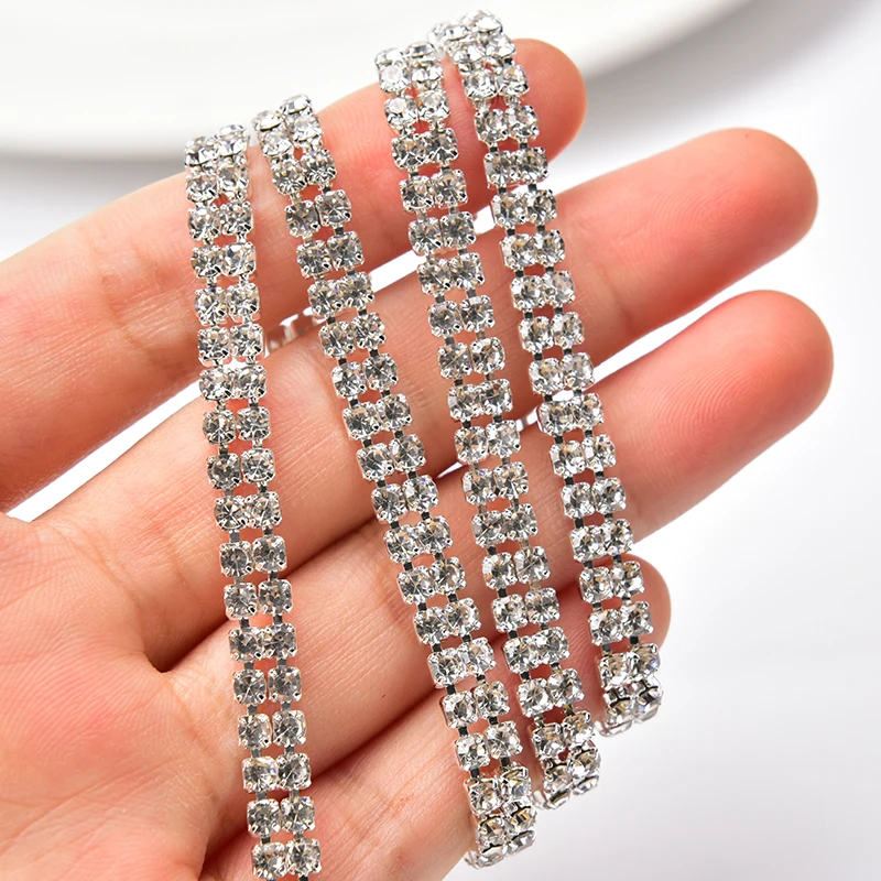 5 Yards/Lot SS12 3mm Rhinestone Trim 2 Rows Glass Crystal Cup Chain Wedding Dress Decoration Sewing Fabric DIY Accessories