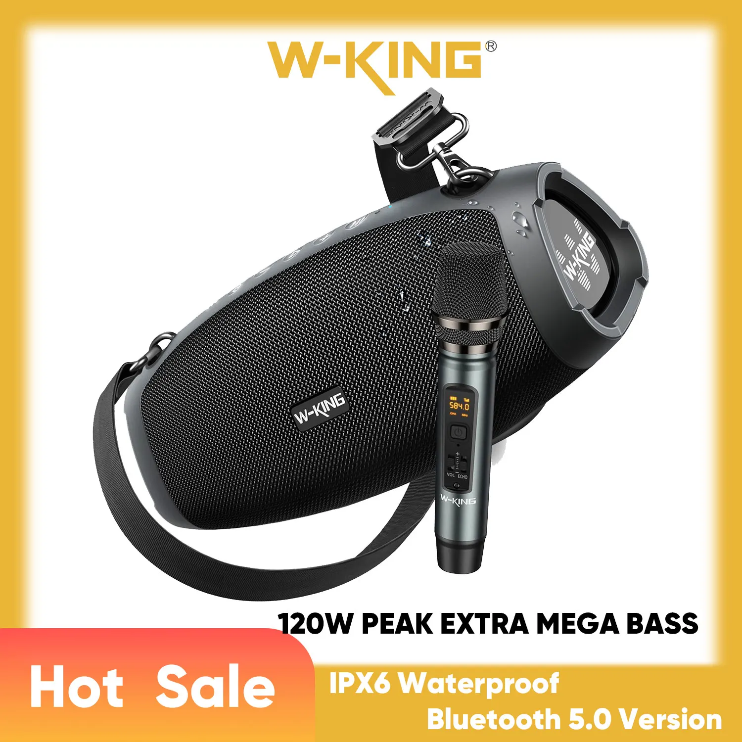

Портативные Bluetooth-колонки W-KING X10MIC с беспроводным микрофоном (пиковая мощность 120 Вт), 70 Вт, для улицы, водонепроницаемые IPX6, глубокий бас/Hi-Fi