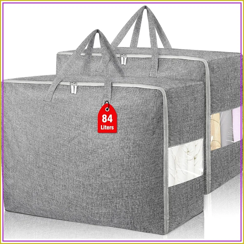 84L Extra Large Storage Bags for Moving, Folding Closet Organizers with Strong Handles & Clear Window, Grey 2-Pack