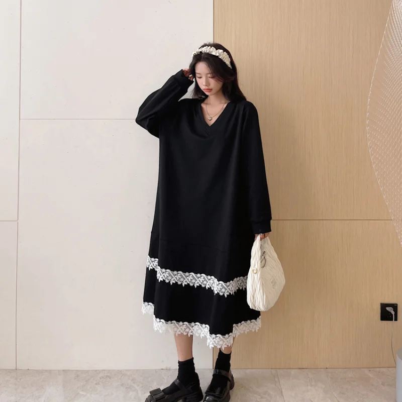 New 2023 Autumn Winter Loose Women's Dresses Plus Size 4XL Patchwork Lace V-Neck Female Robe Long Sleeve T-Shirts Vestido KE3653