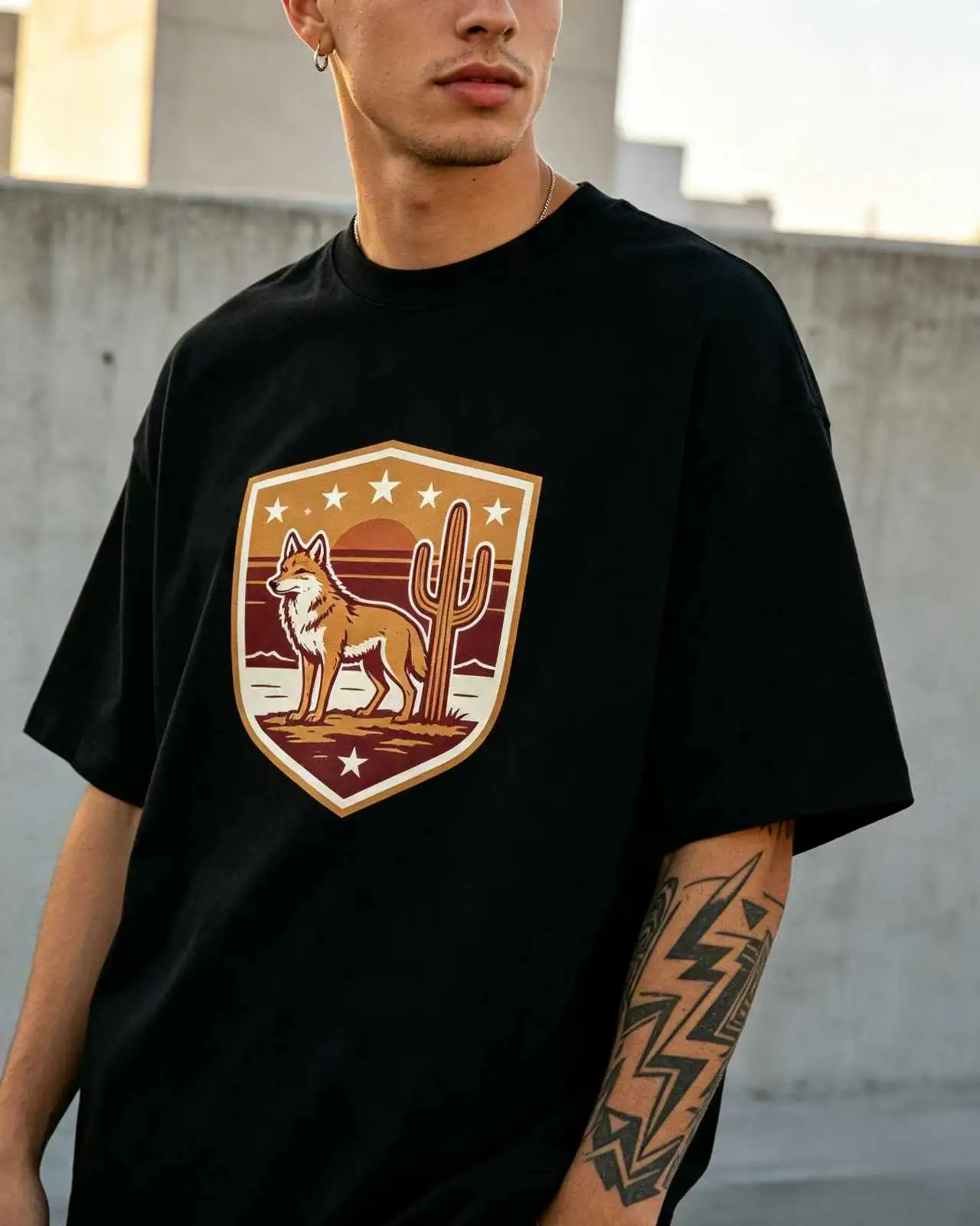 Unisex Desert Coyote Cactus Sunset Star Shield Badge Graphic T‑Shirt Men Women Western Retro Country Oversized Cotton Tee