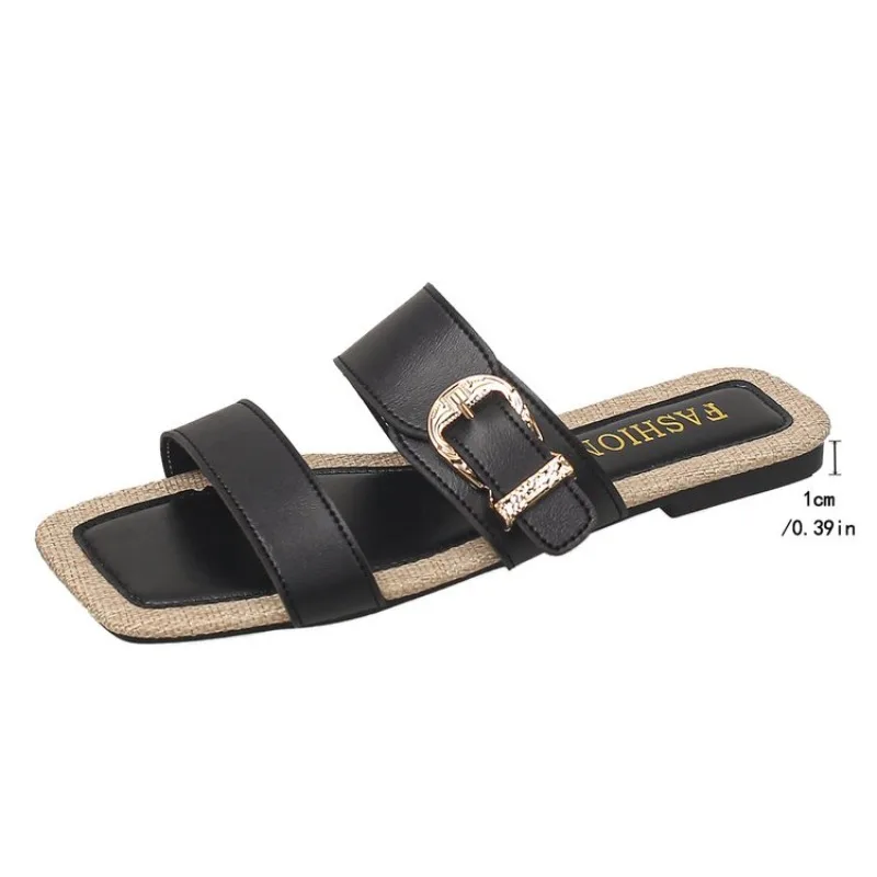 Women's Square Open Toe One-word Buckle Strap Embellishment Slippers New Summer Women Vintage Fashionable Lightweight Sandals