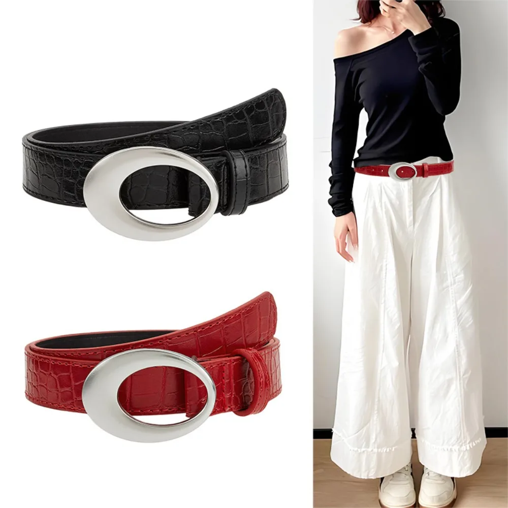 

Adjustable Women's Crocodile-patterned Belt Red Black Imitation Leather Waist Belt Simple Pin Buckle Dress Waistband