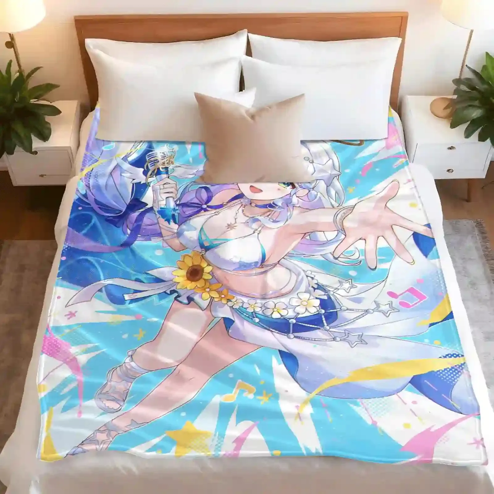 Anime Flannel Throw Blanket Robin Print White Hair Microphone Sunflower Warm Sofa Bed Blanket Fan Gift