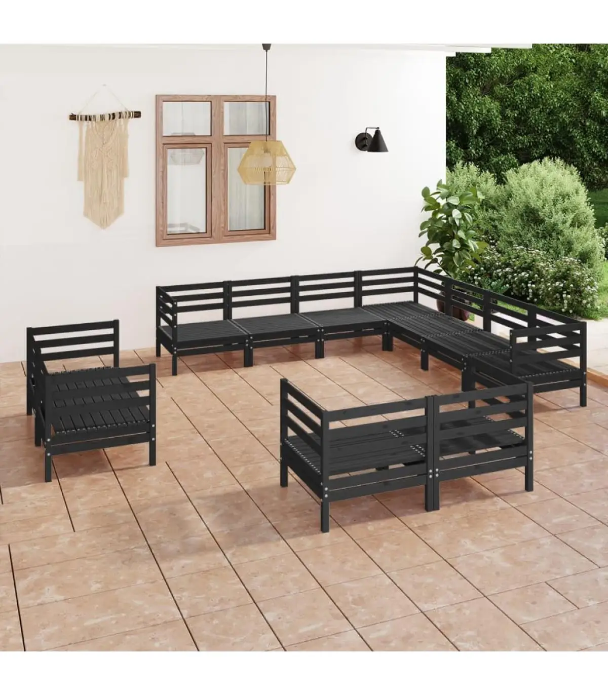 Garden sets garden furniture set 11 PCs black solid pine wood